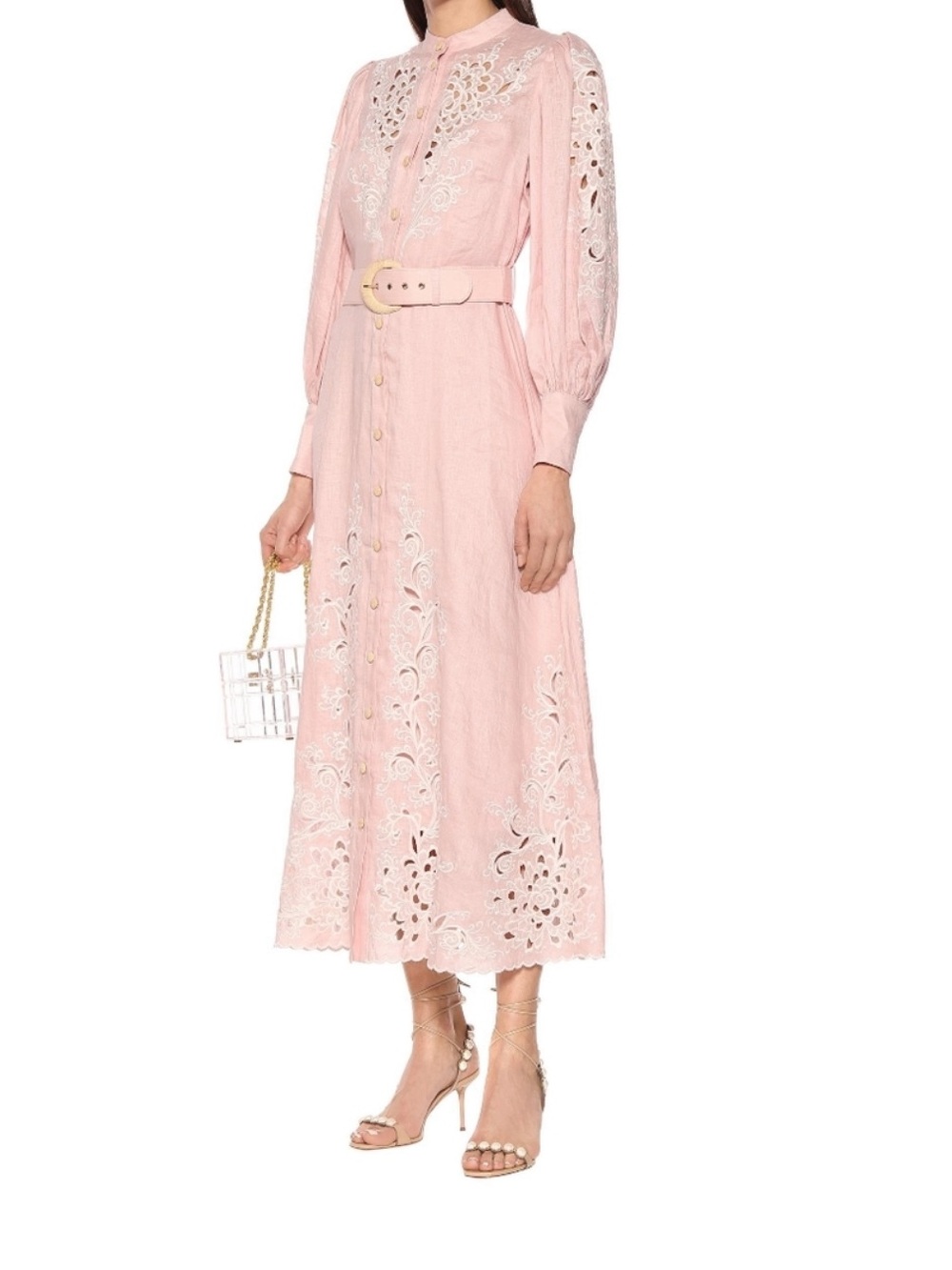 Zimmermann Blush Pink Eyelet Midi Dress with Belt